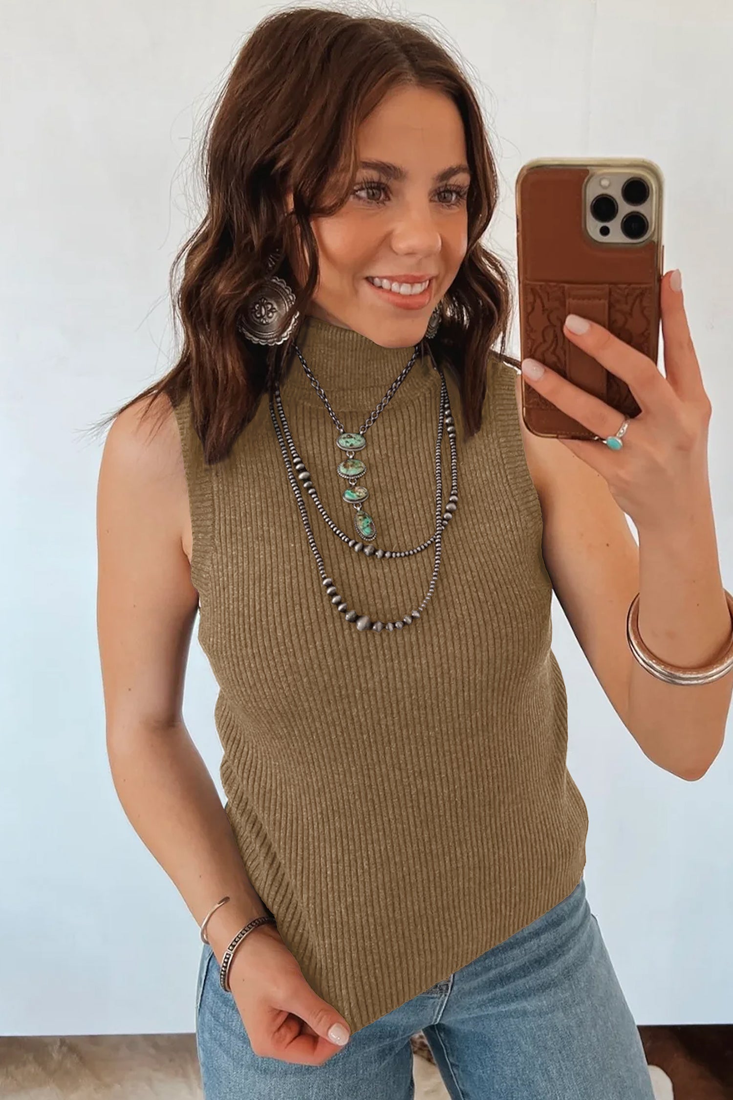 Western Ribbed Knit High Neck Sleeveless Waist Slim Fit Sweater Vest – Light French Beige