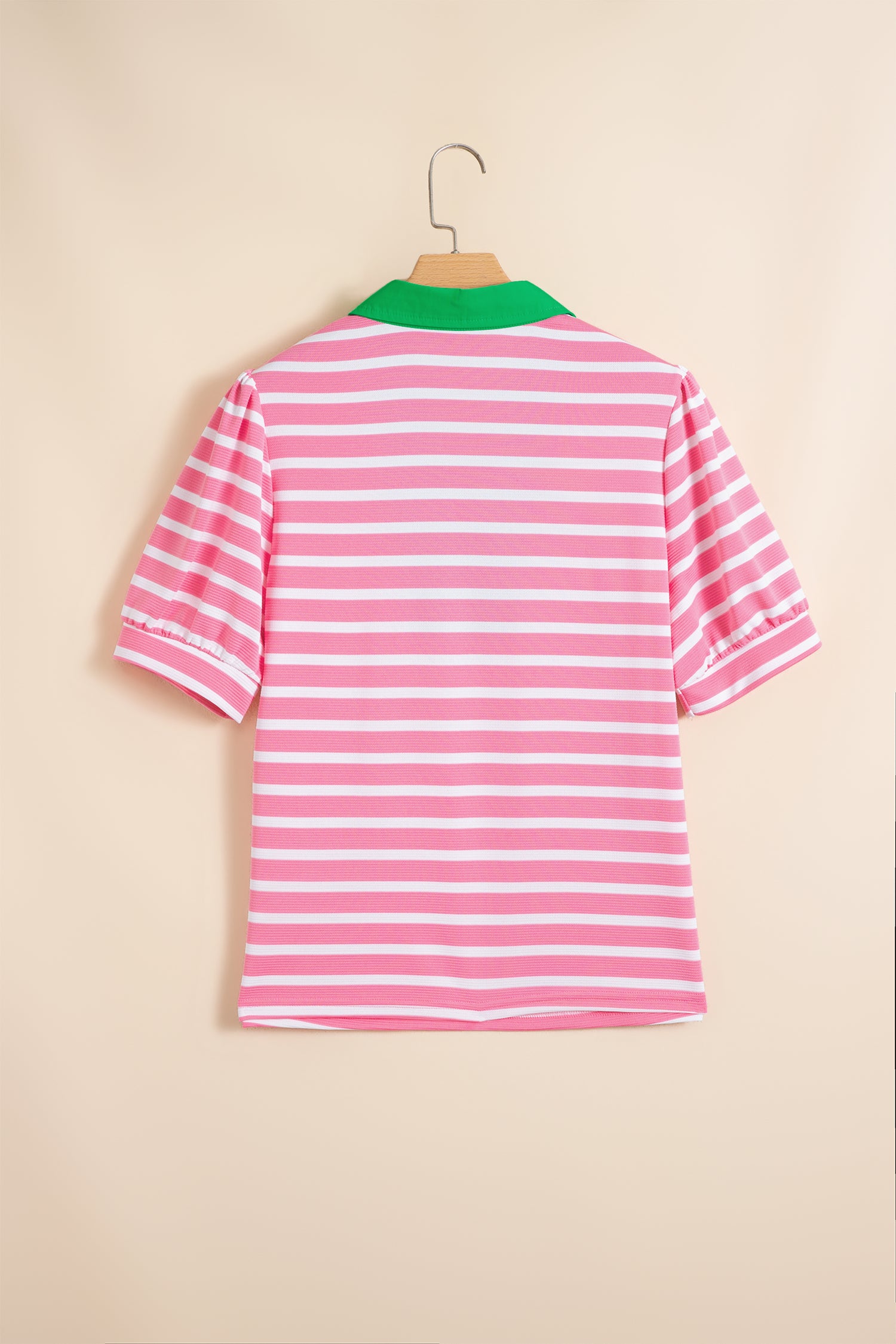 Short Puff Sleeve Color Block Polo Collar Blouse – Pink Stripe