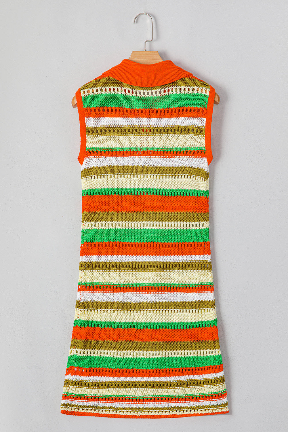 Yellow Stripe Eyelet Sleeveless Buttoned Split Neck Sweater Dress eAura