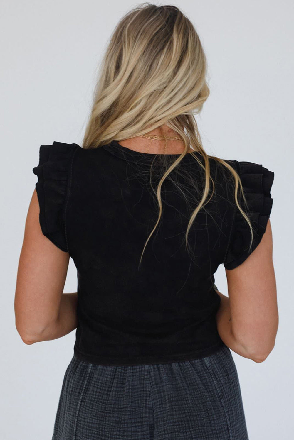 Black Ruffled Crew Neck Slim Fit Top eAura