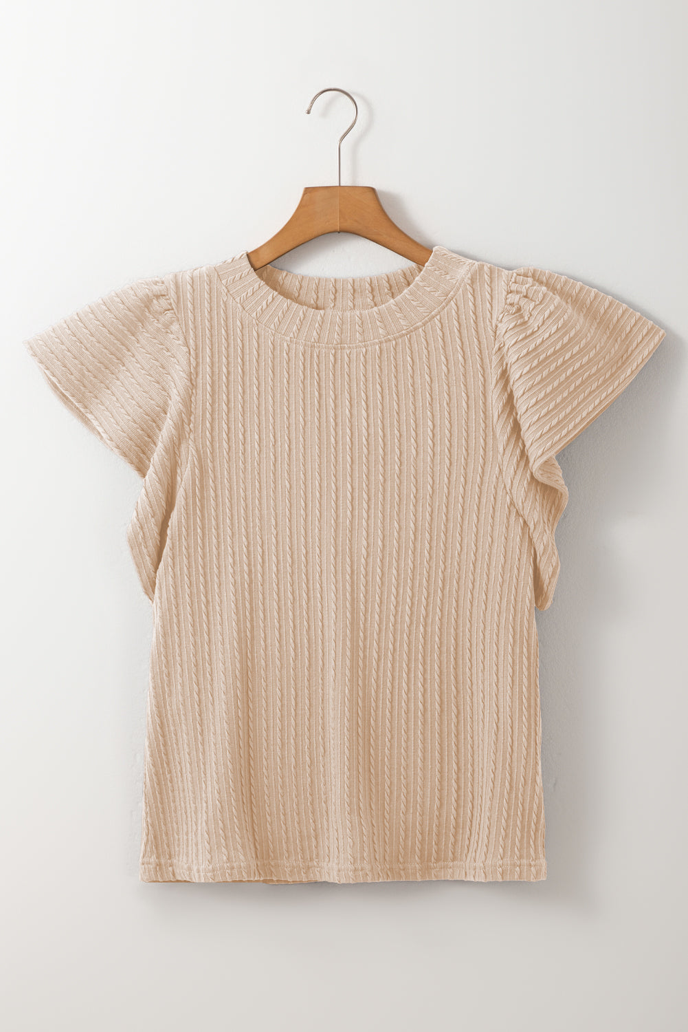 Beige Solid Colour Textured Flutter Sleeve Top eAura