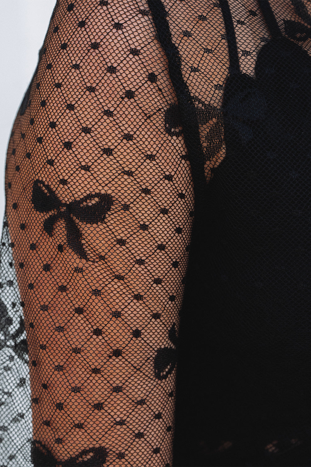 Black Bow Pattern Accent Mesh Long Sleeve Top eAura