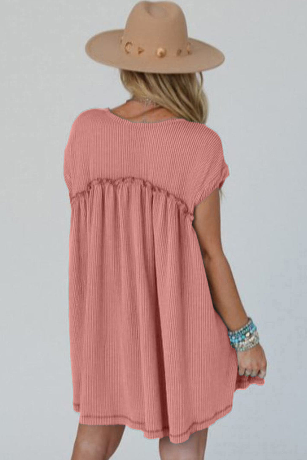 Dusty Pink Cord Textured Swing Mini Dress with Pockets eAura