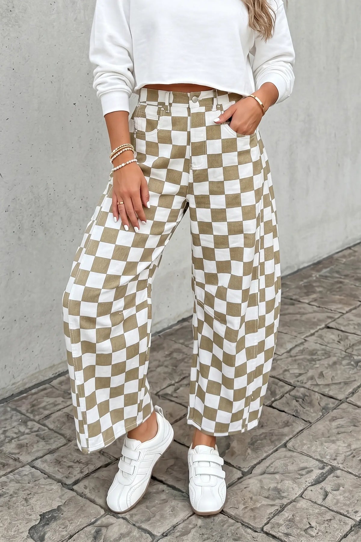 Checkered Print Denim Barrel Pants – White