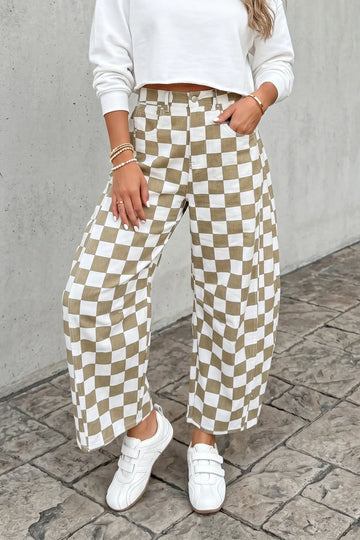 Checkered Print Denim Barrel Pants – White