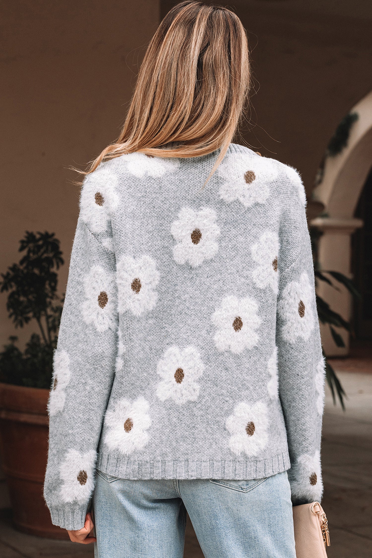 Flower Print V-Neck Drop Shoulder Oversized Sweater - eAura