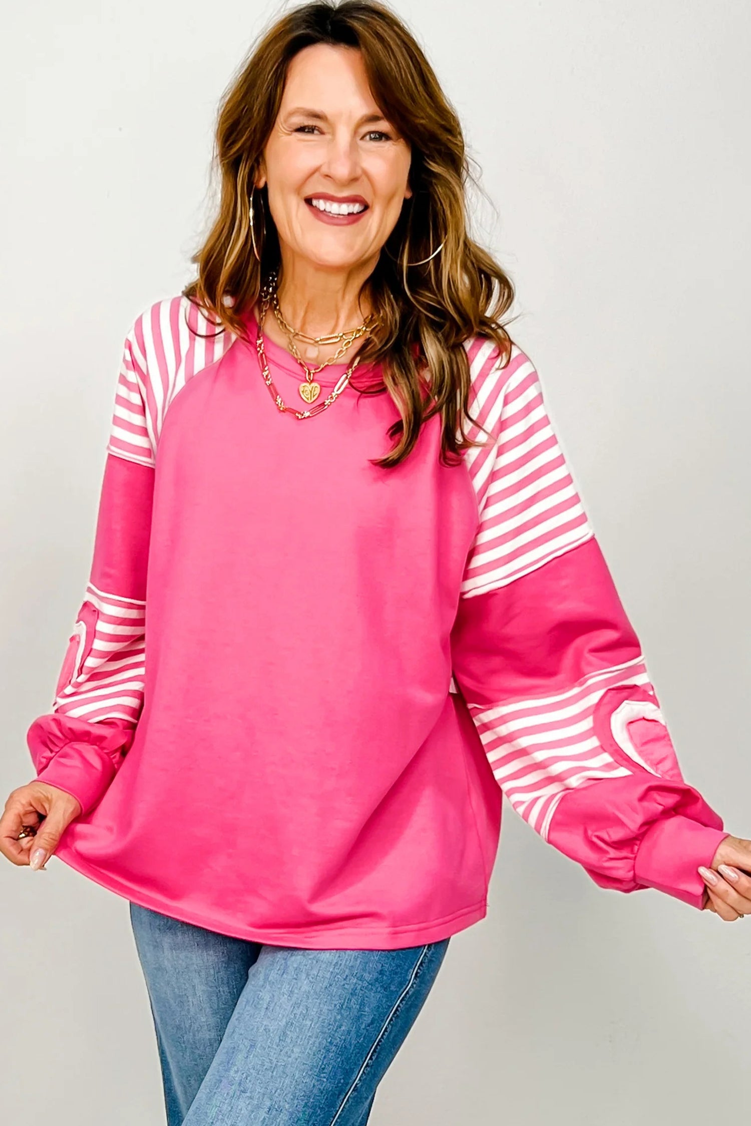 Pink Heart Shape Striped Patchwork Long Sleeve Loose Top - Tops/Long Tops