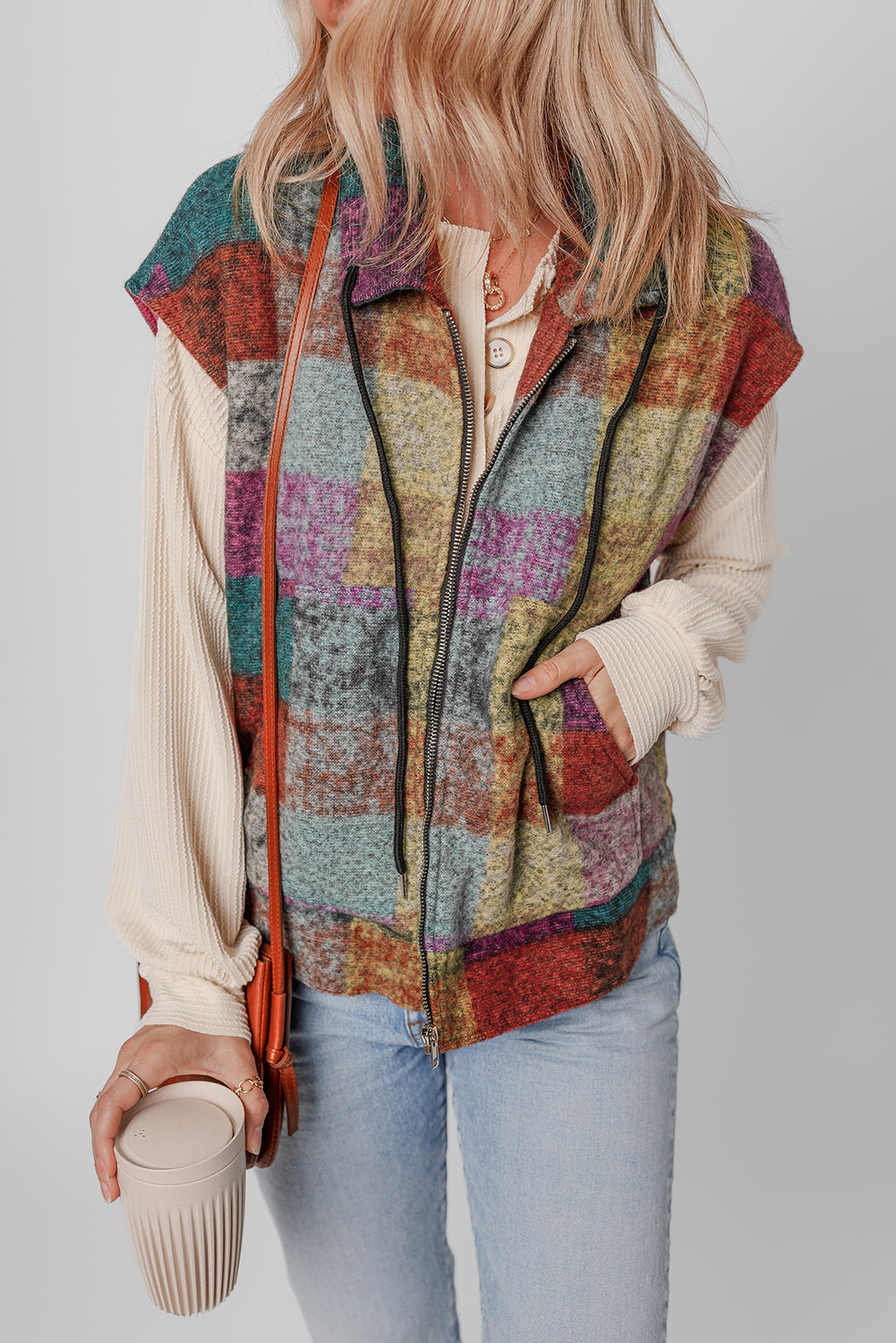 Multicolour Plaid Print Loose Sleeveless Jacket eAura
