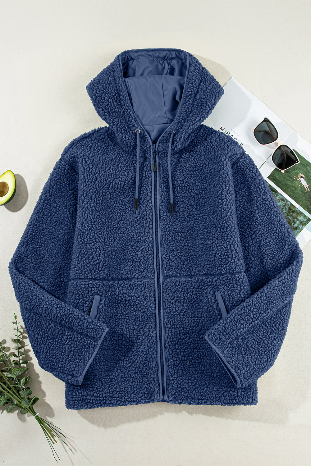 Fleece Zip Up Drawstring Hooded Pocketed Jacket