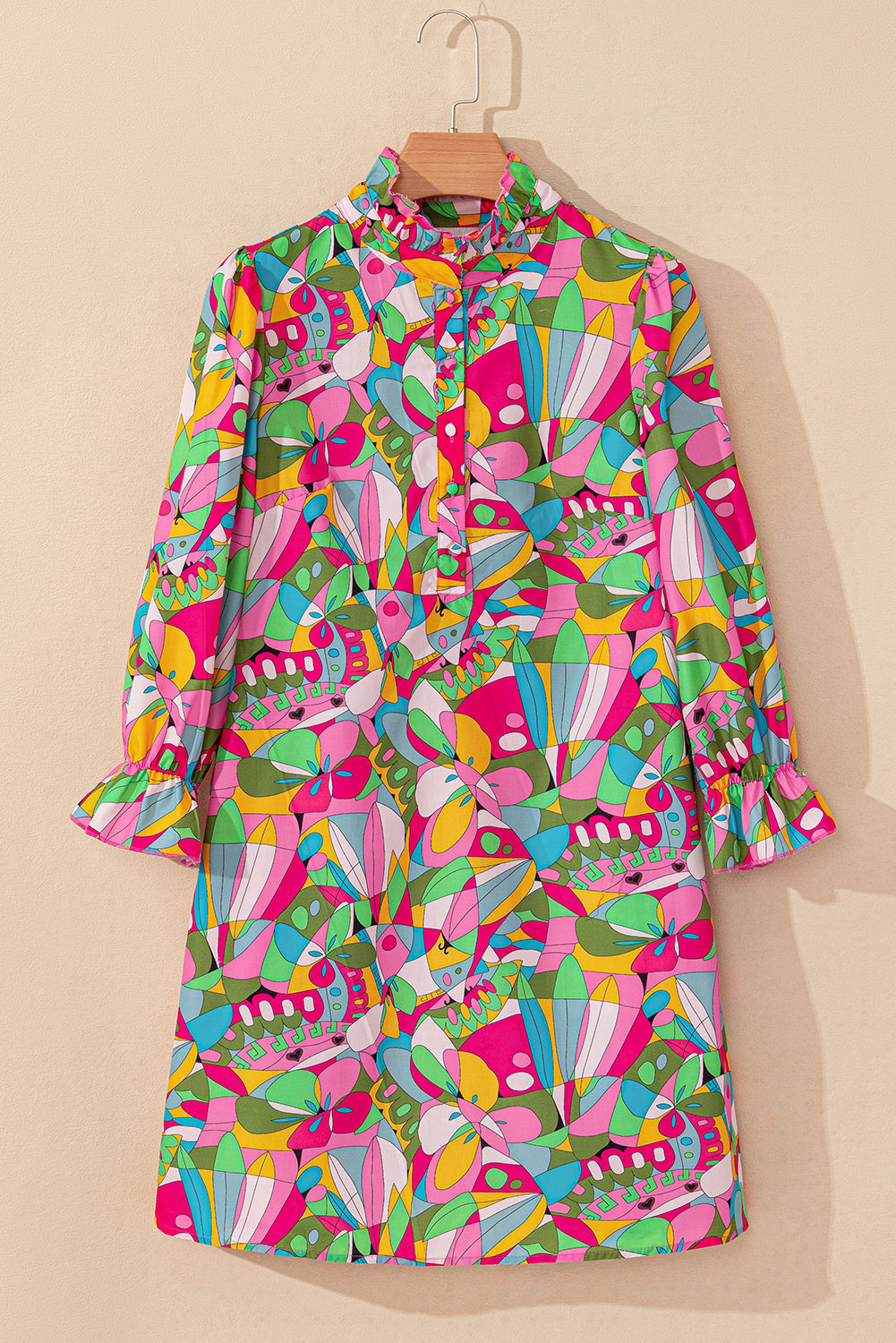 Pink Abstract Printed Lantern Sleeve Buttoned Mini Dress eAura