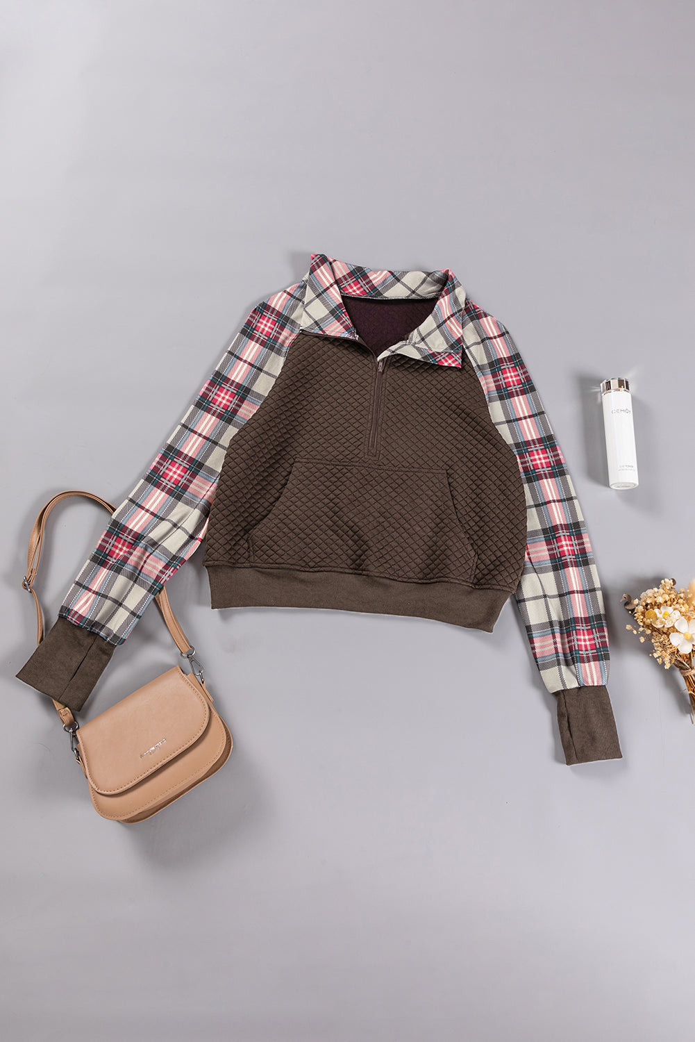 Khaki Printed Plaid Sleeve Patchwork Collared Textured Sweatshirt eAura