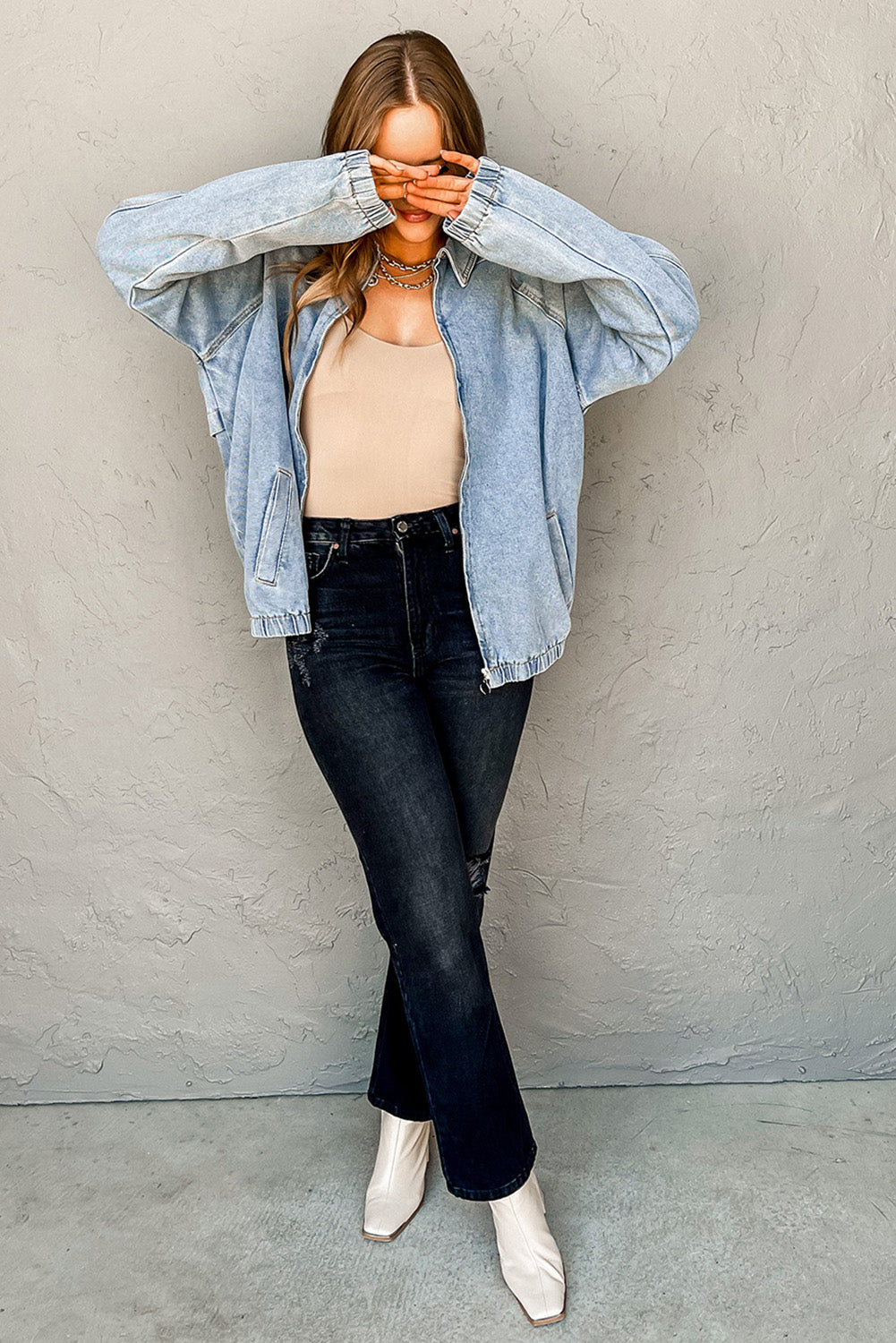 Blue Elastic Edge Collared Zip Up Denim Jacket With Pocket eAura