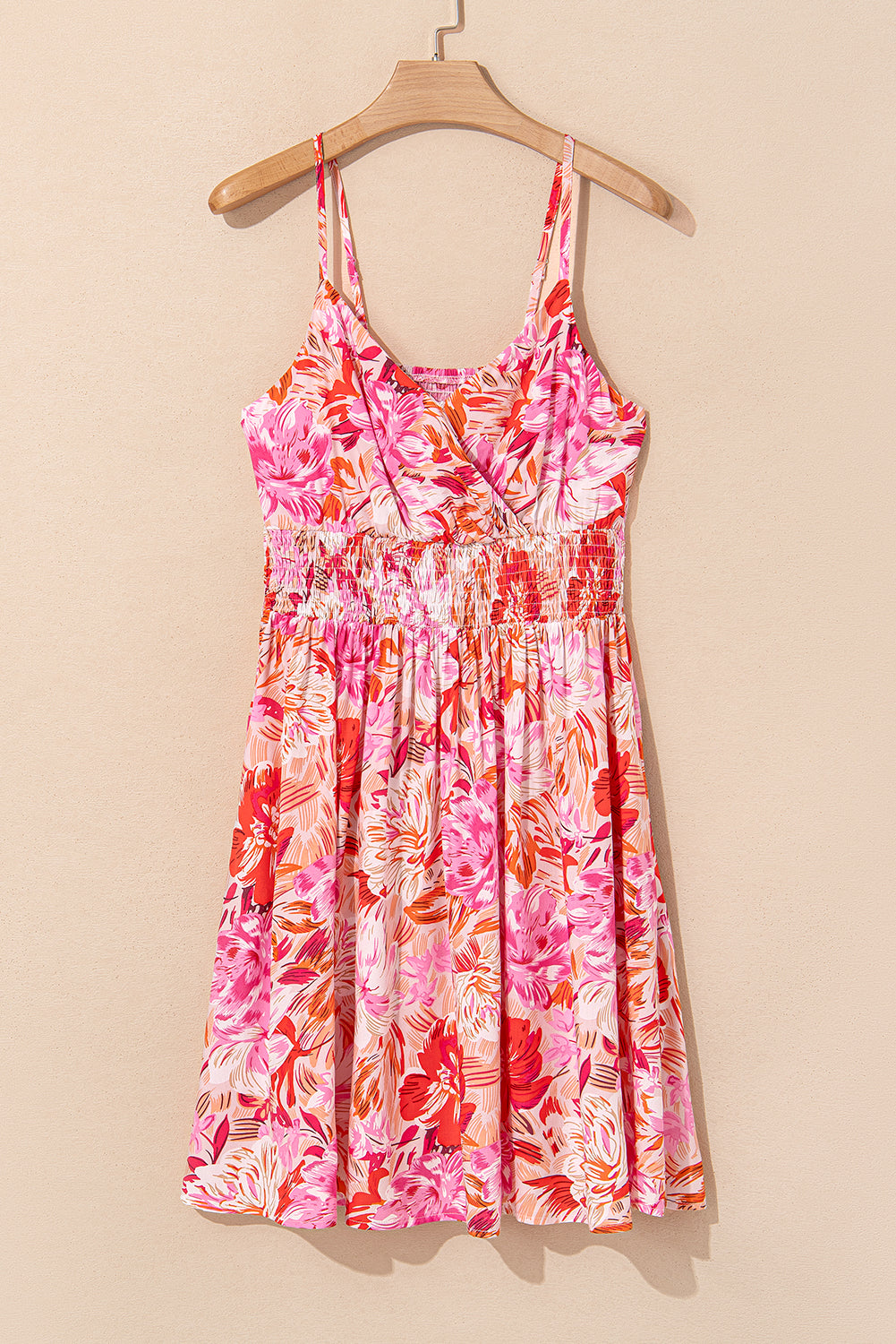 Red Floral Spaghetti Strap Surplice Neck Shirred Waist Mini Dress eAura