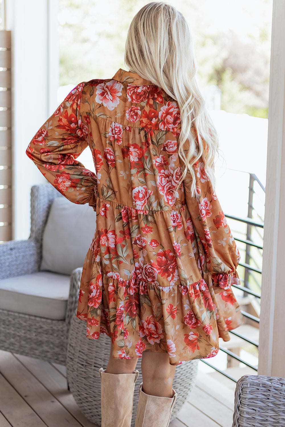 Floral Print Shirt Style Half Button Long Sleeve Ruffle Mini Dress - eAura