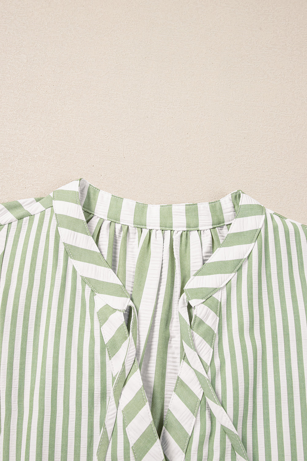Green Stripe Bracelet Sleeve Tasseled Tied Neck Tiered Plus Size Mini Dress BB Fashion Outlet