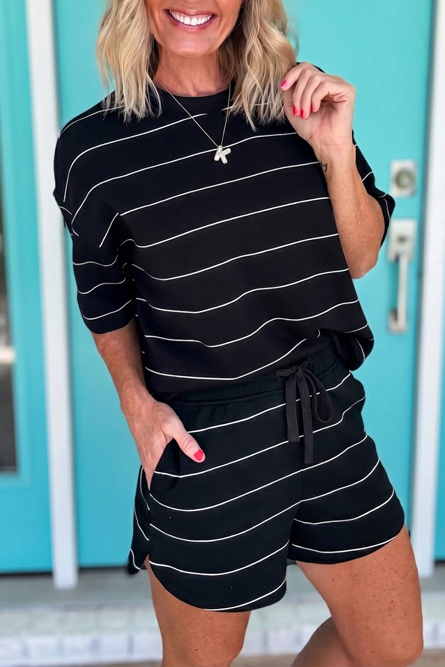 Half Sleeve Tee Drawstring Shorts 2pcs Set – White Stripe