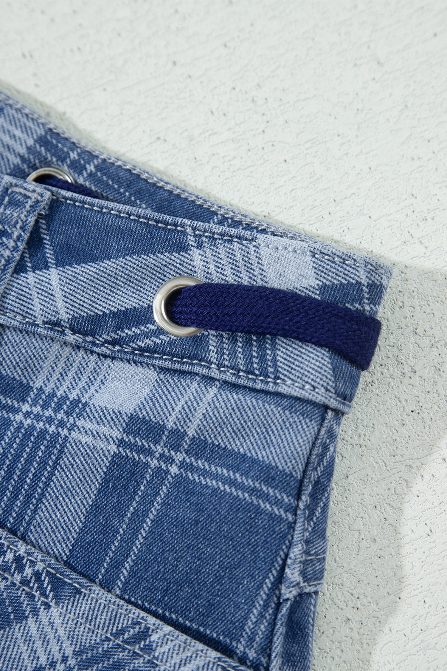 Sky Blue Plaid Denim Grommet Drawstring Waist Ankle-Length Jeans – Light Blue