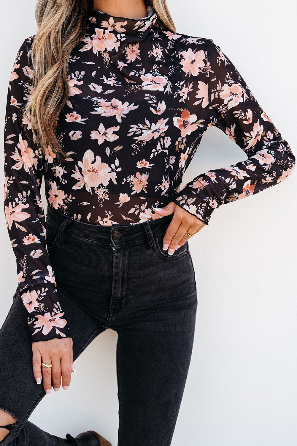 Black Floral Mesh Mock Neck Long Sleeve Slim Fit Top eAura