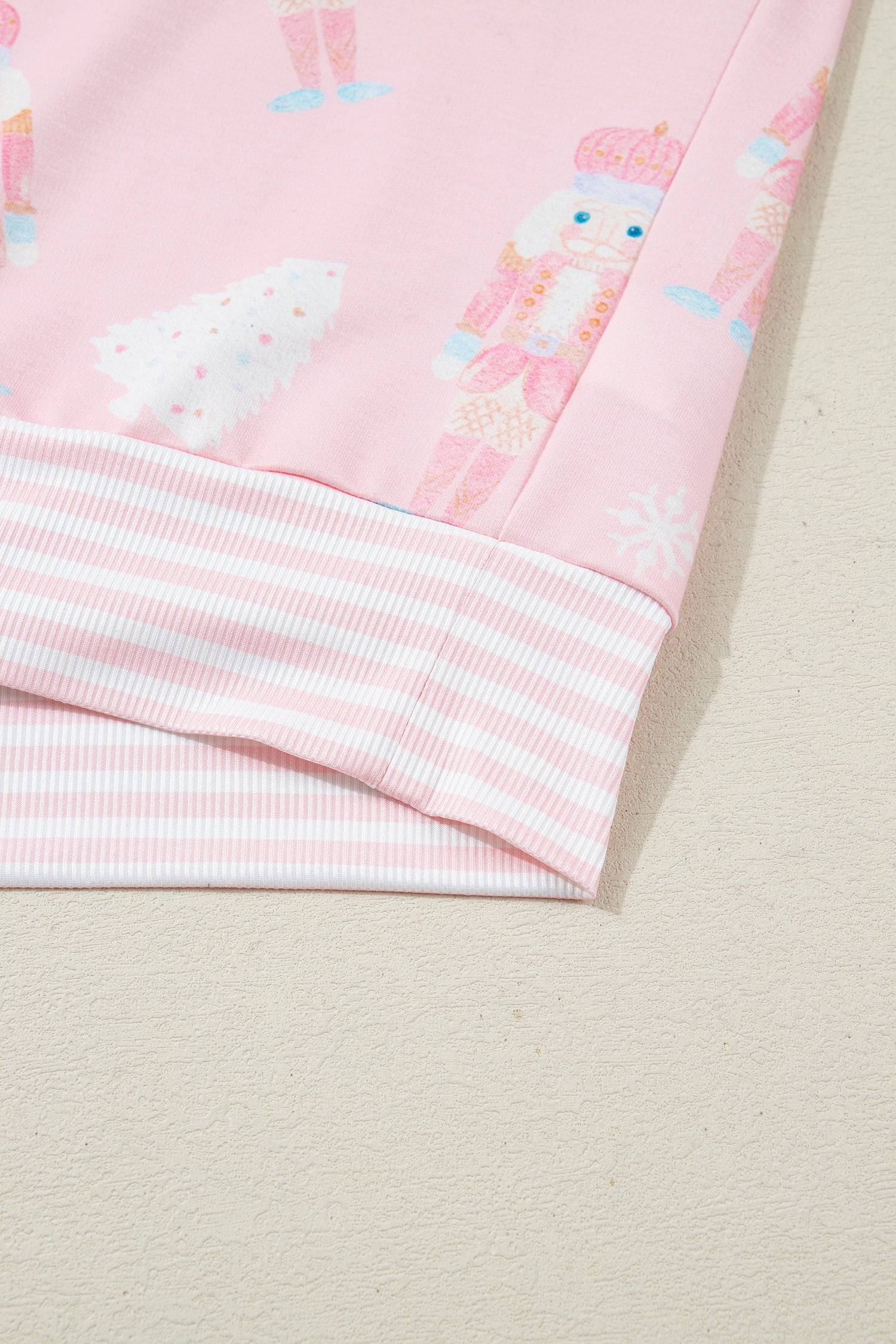 Pink Christmas Tree Nutcracker Doll Print Contrast Trim Long Sleeve Top Matching Shorts Set - Two Piece Sets/Short Sets