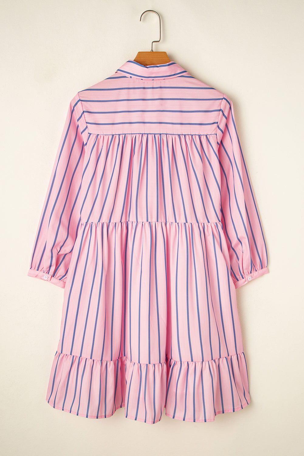 Pink Stripe Ruffled Hem Button-up Collared Shirt Mini Dress Beagle Boutique Fashion Outlet