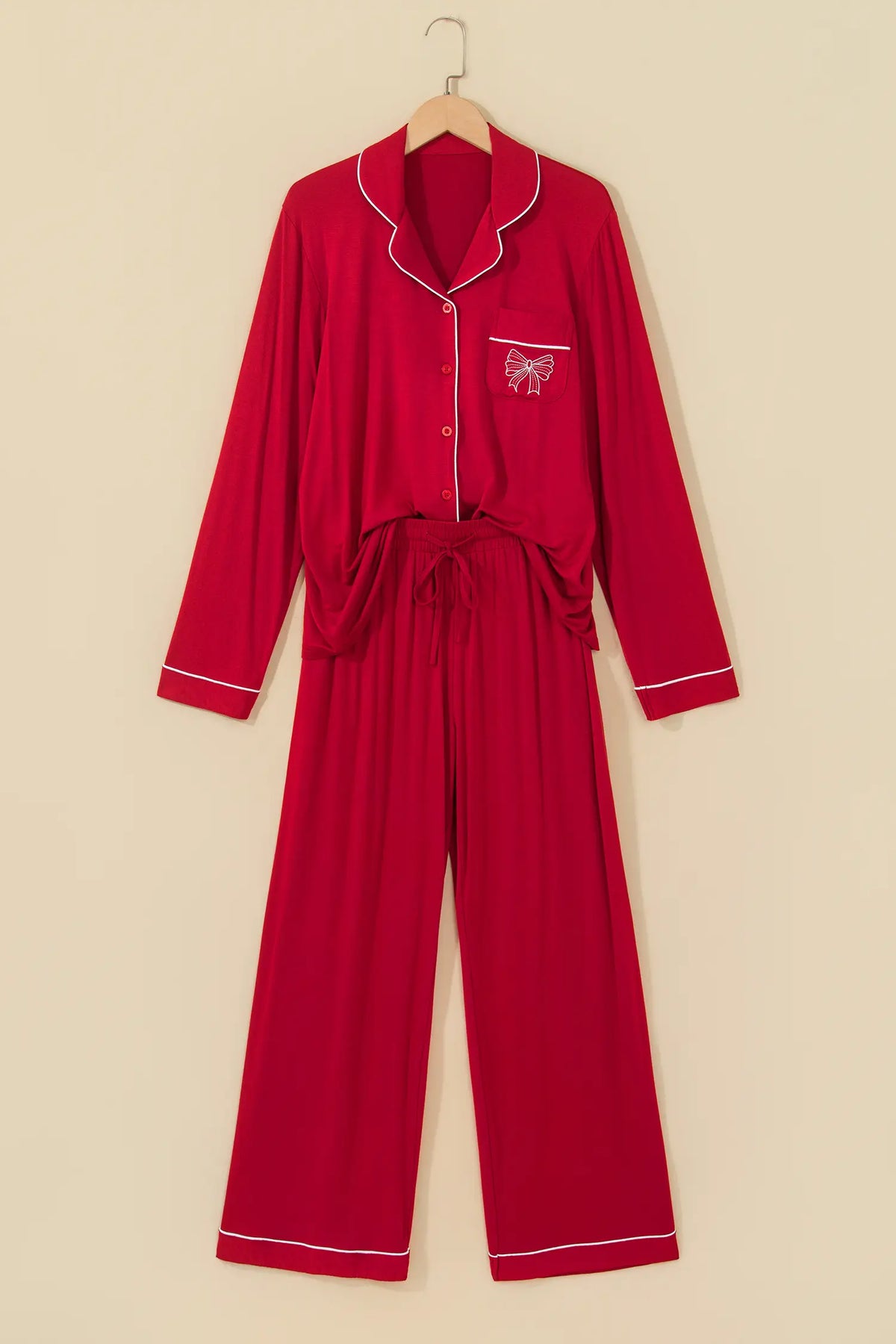 Racing Red Bow Pocket Detail Long Sleeve Shirt 2pcs Pajama Set