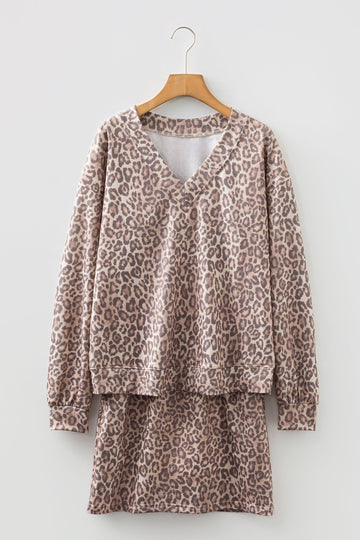 Leopard Print V-Neck Pullover Mini Skirt Co-ord Set - eAura