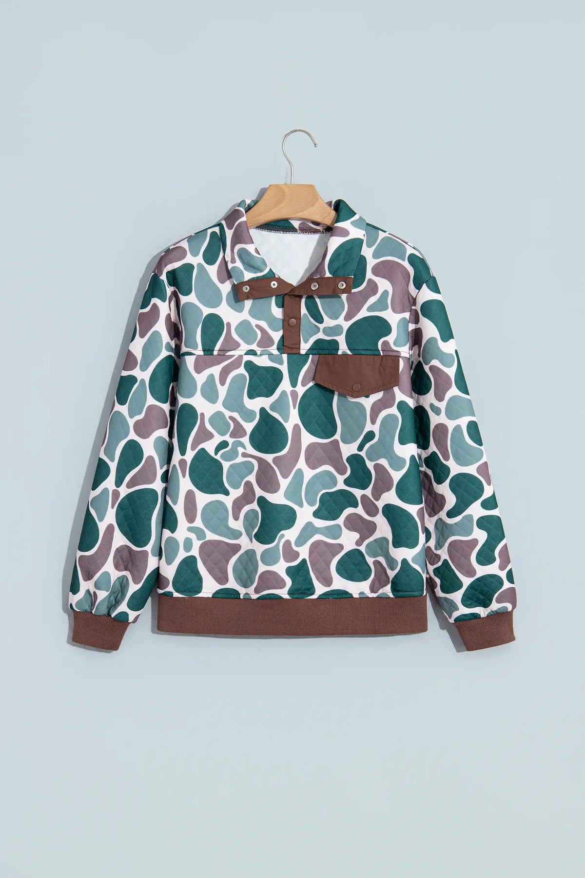 Retro Camouflage Pattern Colour Block Detail Button Pullover Sweatshirt – Multicolour