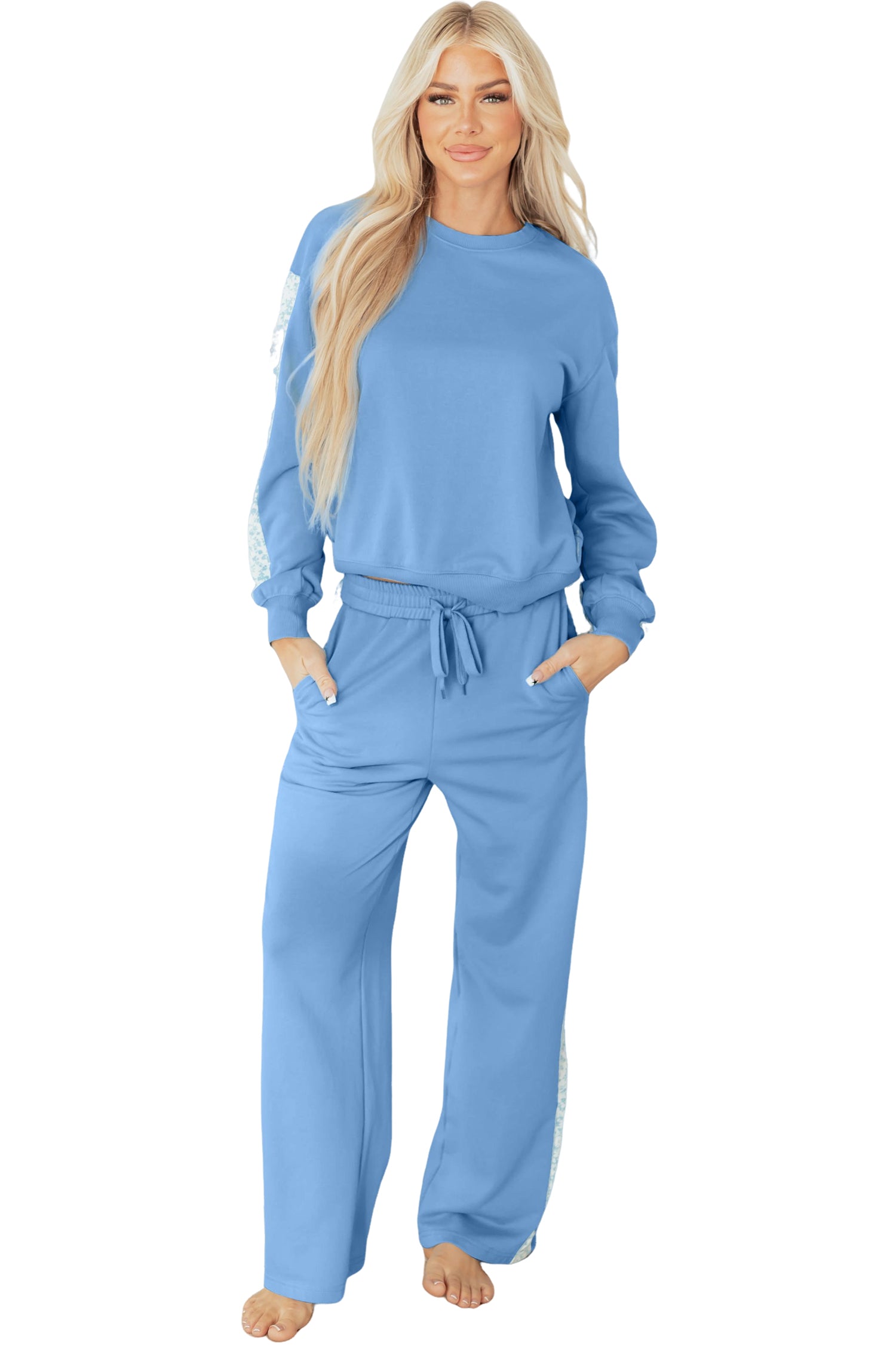 Floral Patchwork Drop Shoulder Pullover and Sweatpants Lounge Set - eAura