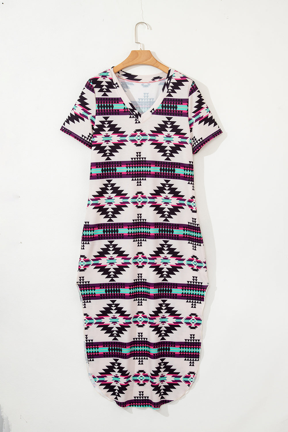 Beige Western Aztec Printed Long T-shirt Dress eAura