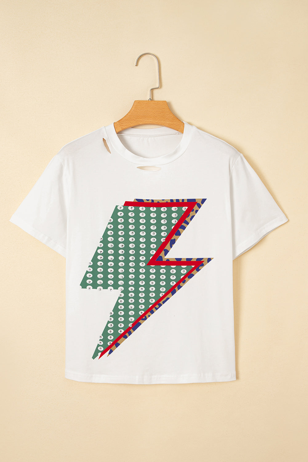 White Rhinestone Decor Bolt Graphic Ripped Western Tee eAura