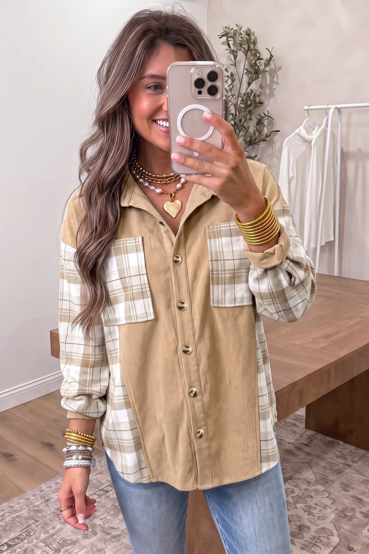 Plaid Colourblock Shirt Collar Shift Shacket – Light French Beige