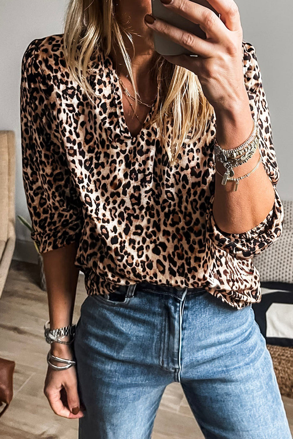 Apricot Leopard V Neck Half Sleeve Blouse eAura