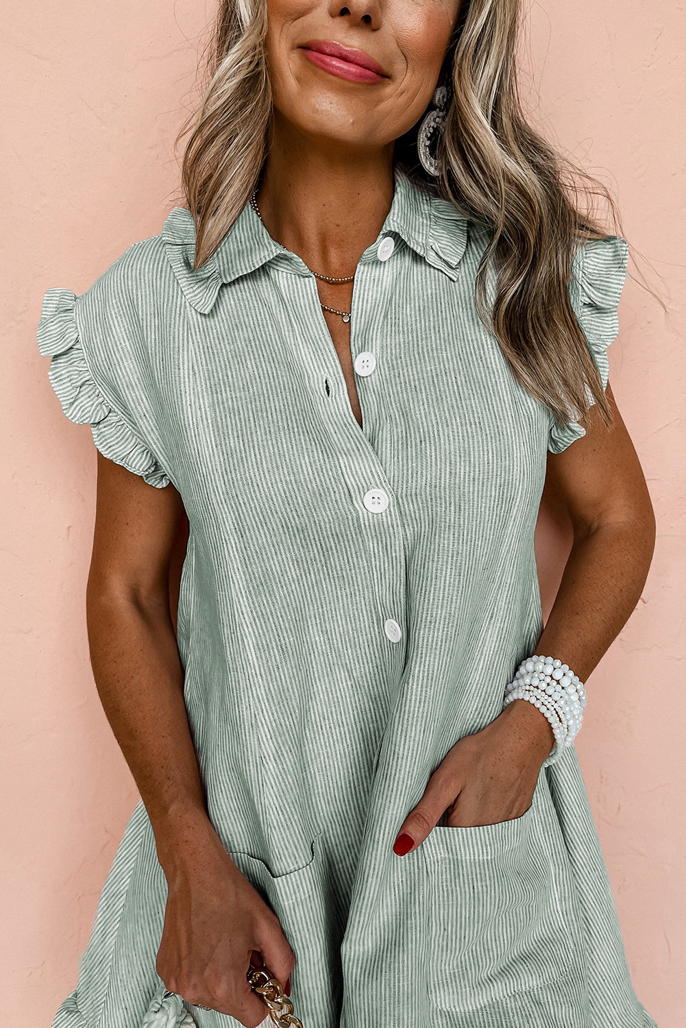Green Stripe Frilled Sleeveless Collar Front Pocket Button Up Mini Dress eAura