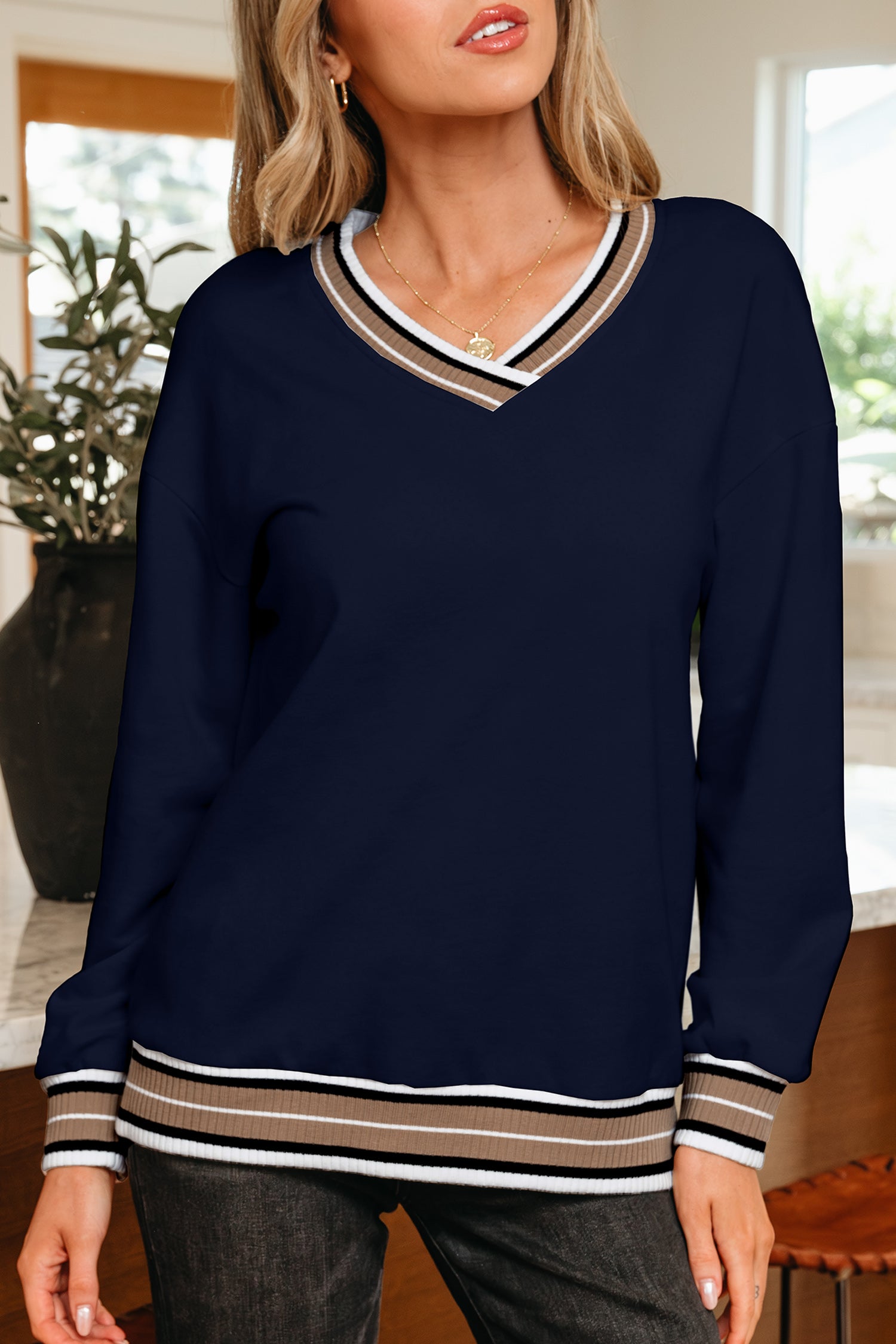 Varsity Contrast Striped Trim V-Neck Sweatshirt