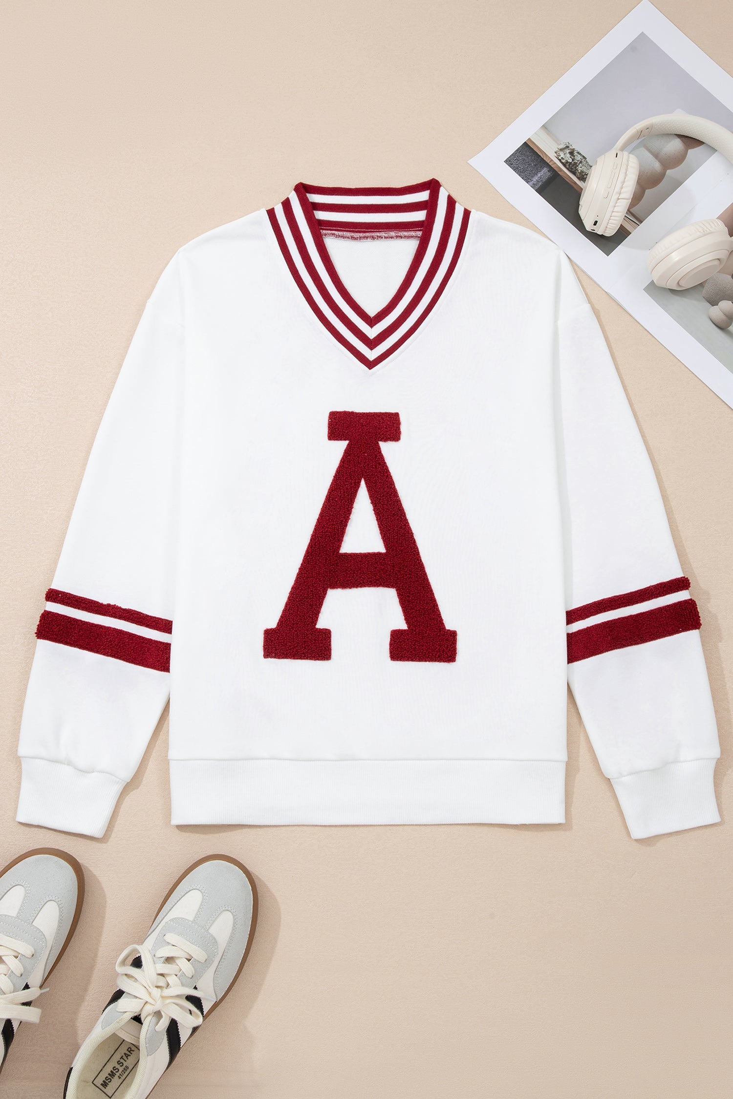 Chenille Letter A Graphic Varsity Striped V-Neck Puff Sleeve Sweatshirt - Tops/Sweatshirts & Hoodies