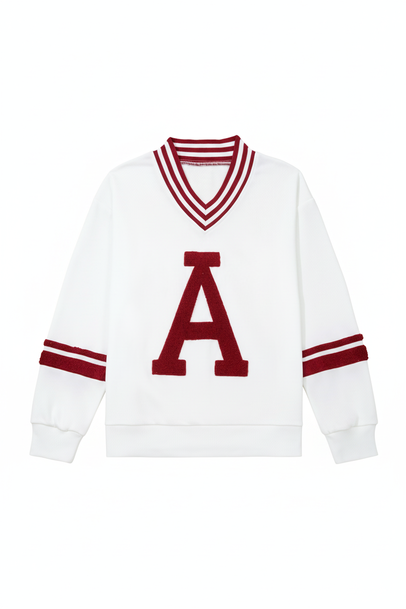 Chenille Letter A Graphic Varsity Striped V-Neck Puff Sleeve Sweatshirt - eAura