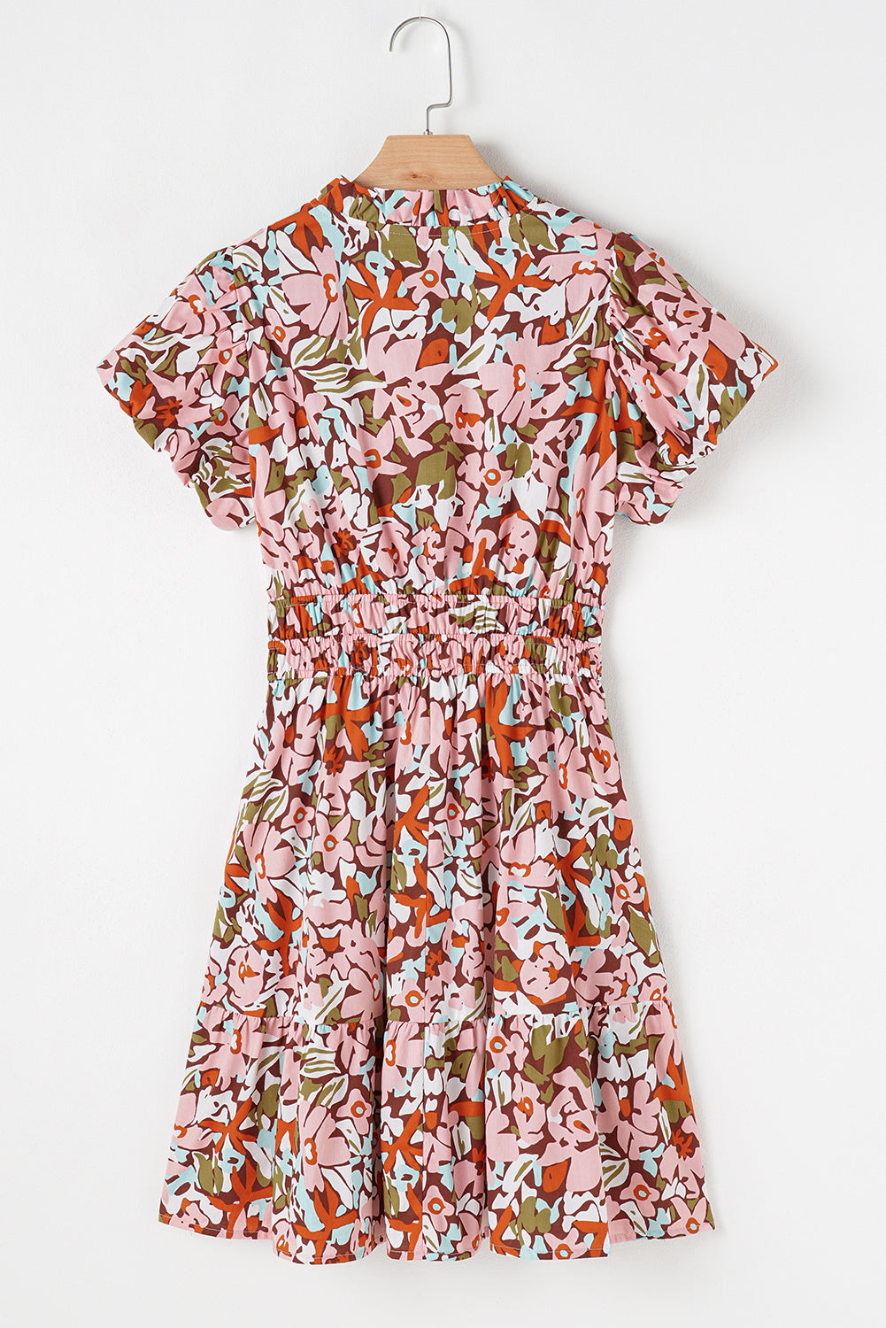 Pink Floral Print Puff Sleeve Shirred High Waist Mini Dress eAura