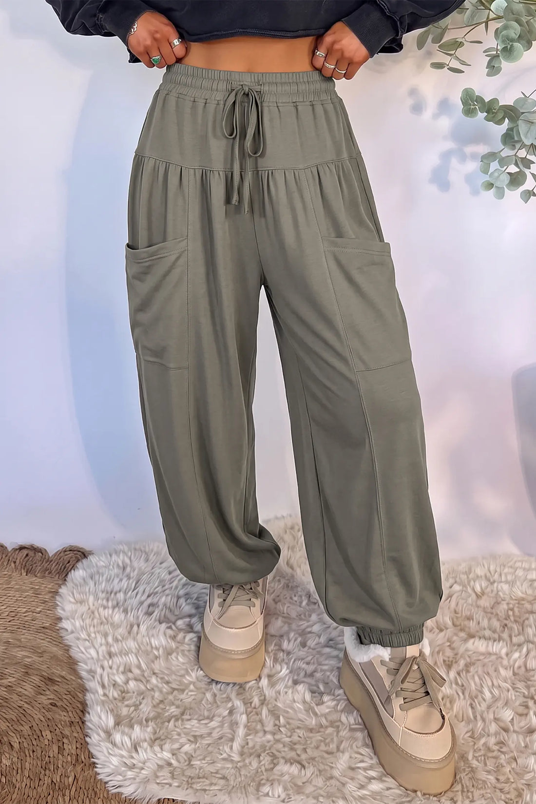 Elastic Waist Drawstring Wide Leg Trousers – Seagrass