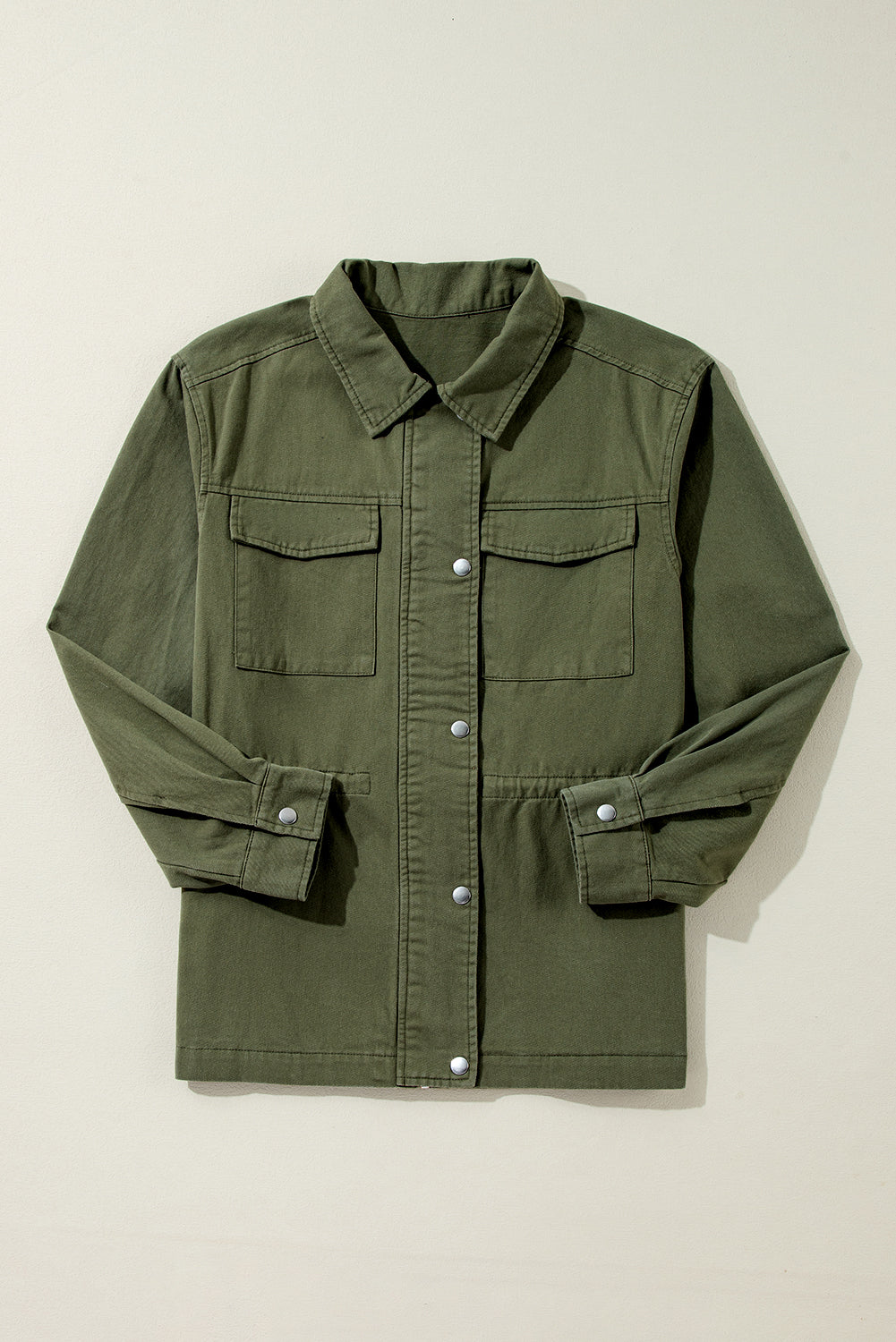 Moss Green Snap Button Zipper Tight Waist Collared Jacket eAura