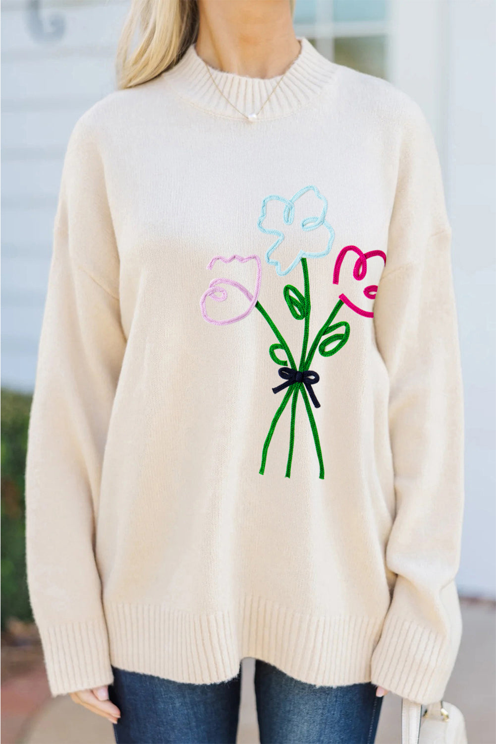 White Embroidered Flower Bouquet Ribbed Trim Loose Sweater Dear-Lover Dropshipping