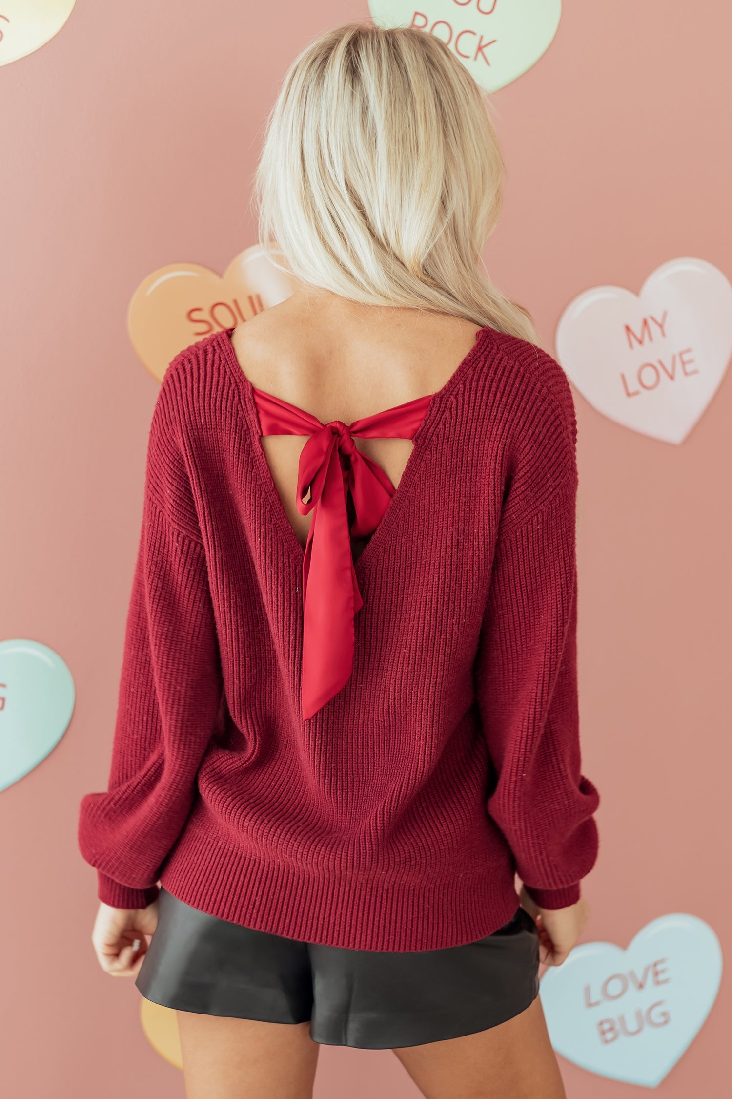 Rib Knit Ribbon Knot Backless Drop Shoulder Sweater - eAura