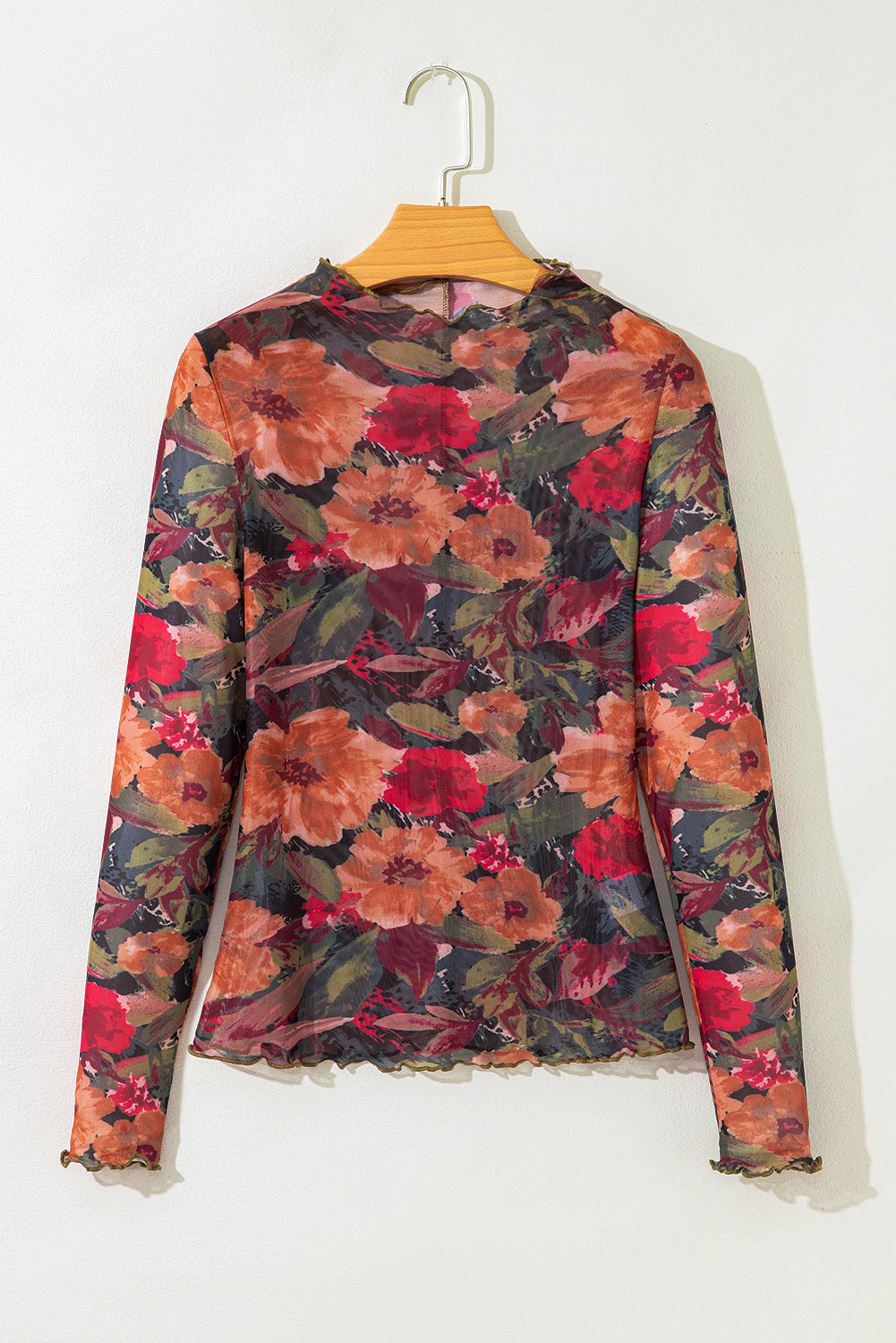 Multicolour Floral Print Lettuce Trim Long Sleeve Mesh Top - eAura
