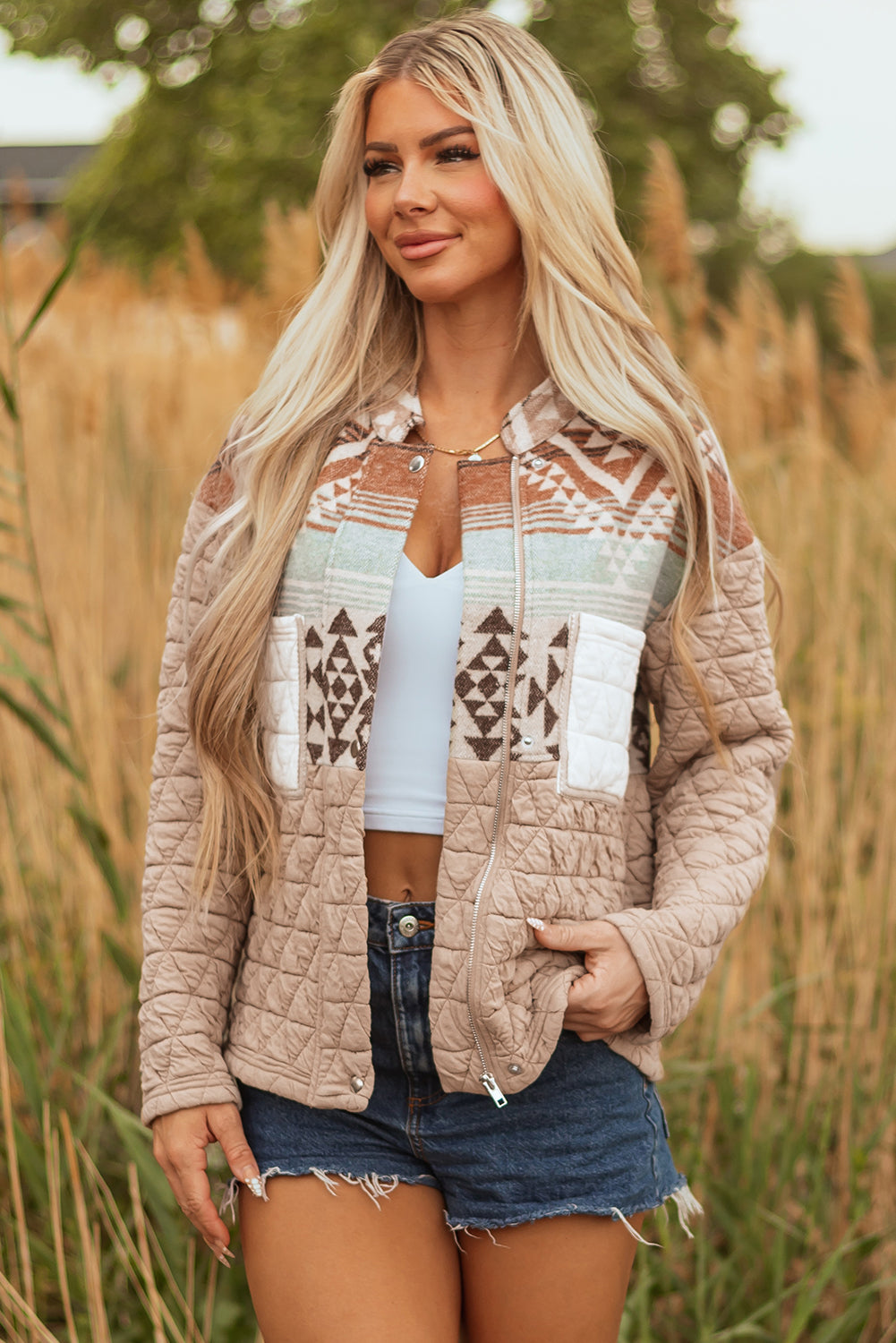 Beige Aztec Quilted Patchwork Western Fashion Jacket Dear-Lover Dropshipping