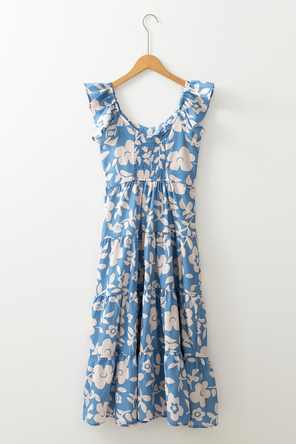 Sky Blue Floral U Neck Flutter Shoulder Tiered Flowy Midi Dress eAura