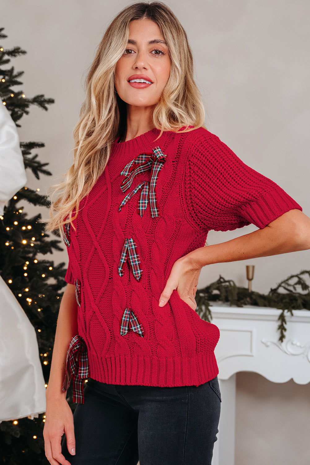 Plaid Lace up Detail Christmas Holiday Puff Short Sleeve Sweater - eAura