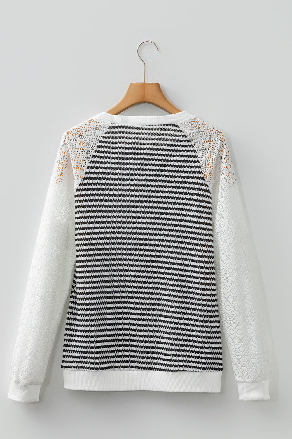 Black Stripe Textured Knit Contrast Lace Long Sleeve Top - eAura