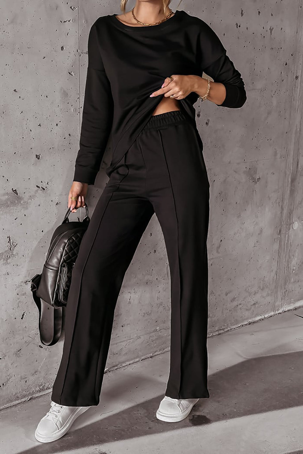Black Solid Pullover and Seamed Casual Trousers Set eAura
