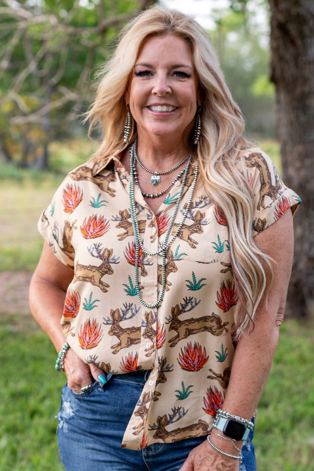 Khaki Plus Size Western Pattern Print Buttoned Short Sleeve Shirt BB Fashion Outlet
