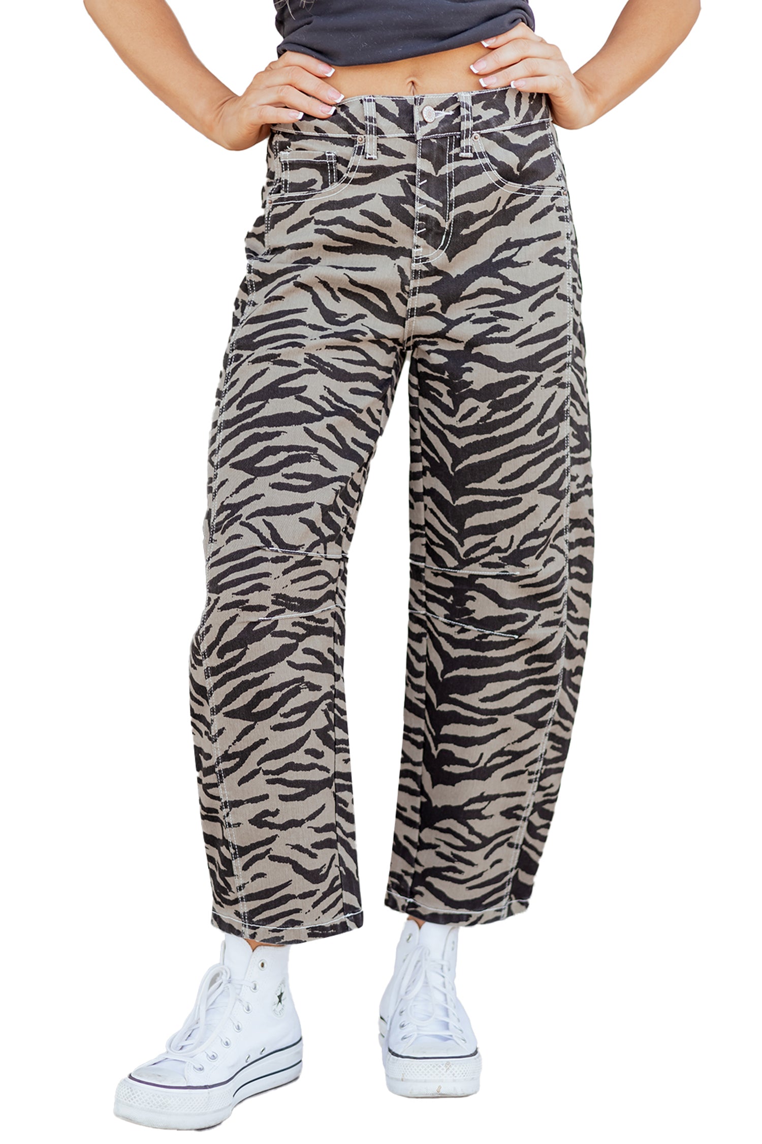 Zebra Stripe Printed Wide Leg Barrel Jeans – Gray
