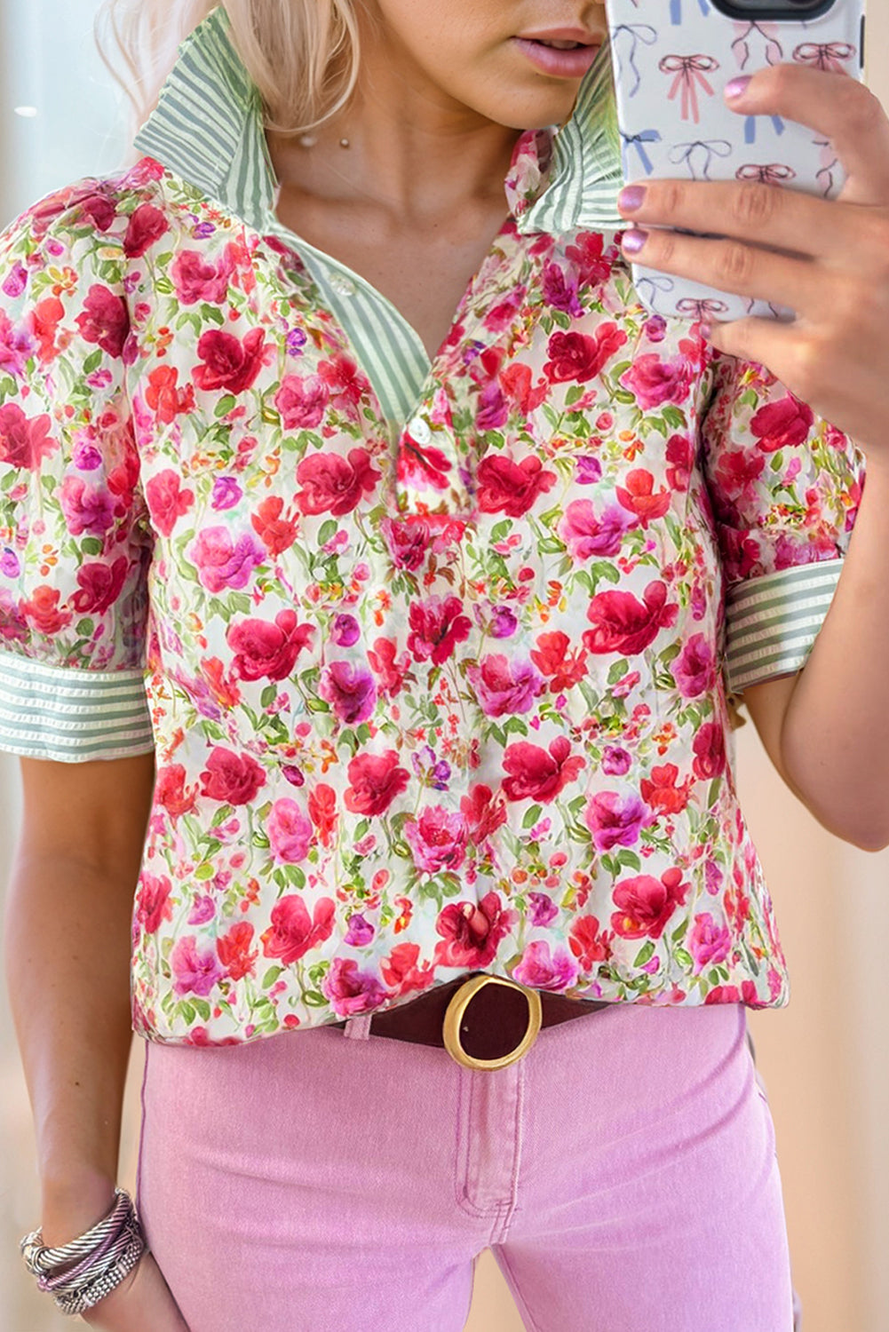 Red Floral Print Striped Patchwork Collared Short Sleeve Blouse eAura